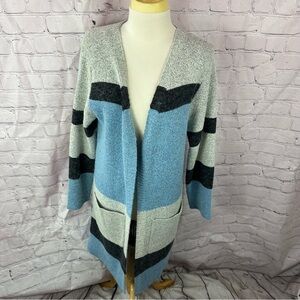 the look Stylish Blue Gray striped color block cardigan Sweater sz L